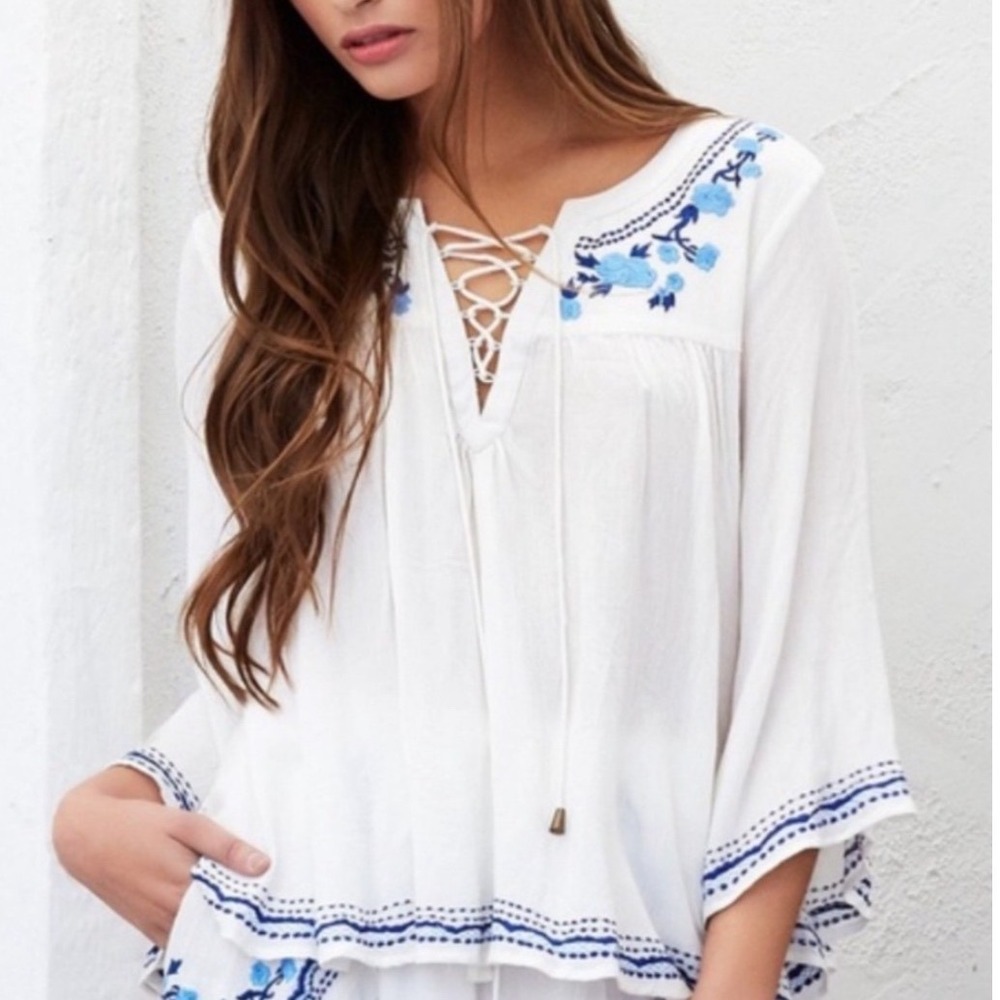 Lovers + Friends Boho‎ Embroidered Peasant Blouse Flowy Lace Up Top S